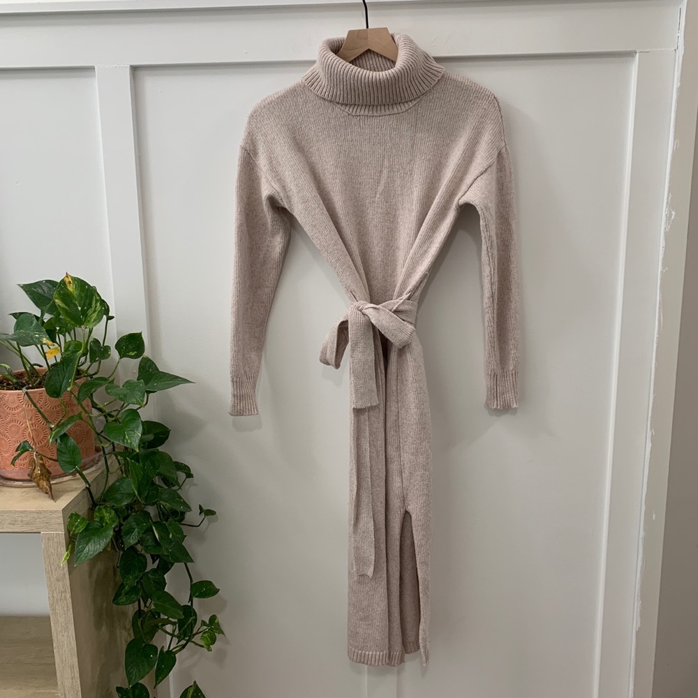 Rachel Zoe Turtle Neck Belted Sweater Midi Dress
